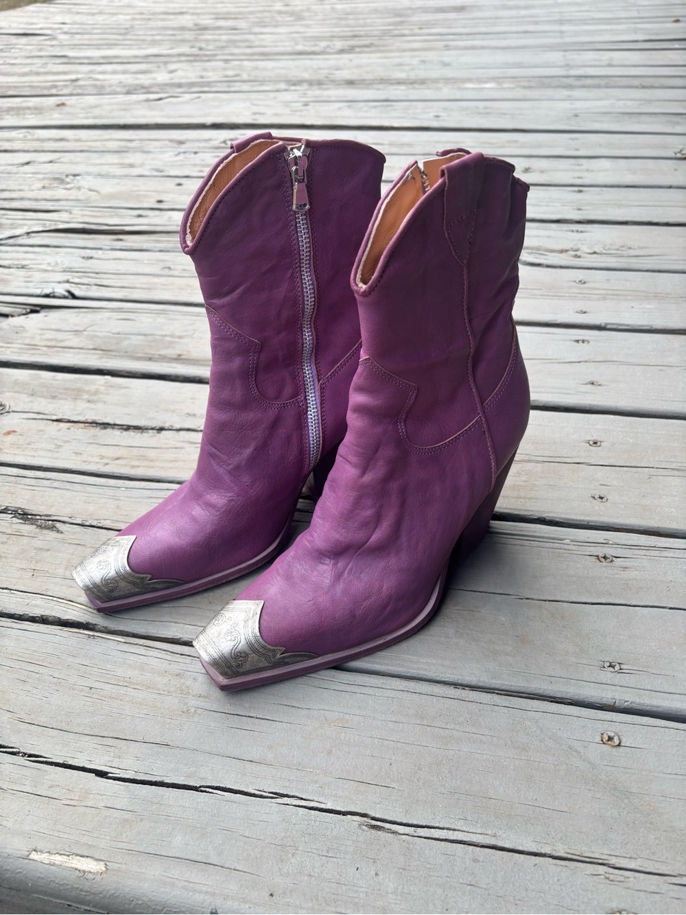 Free People Purple Leather Western Zip Ankle Boots with Silver Toe